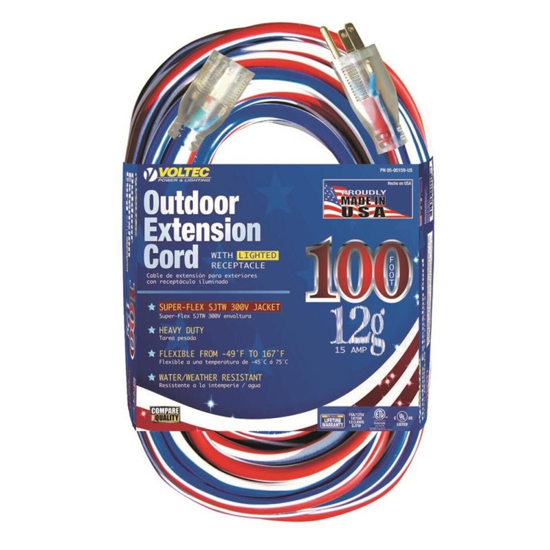 100Ft 12/3 SJTW Red/White/Blue Extension Cord with Lighted Ends 05-00159-US