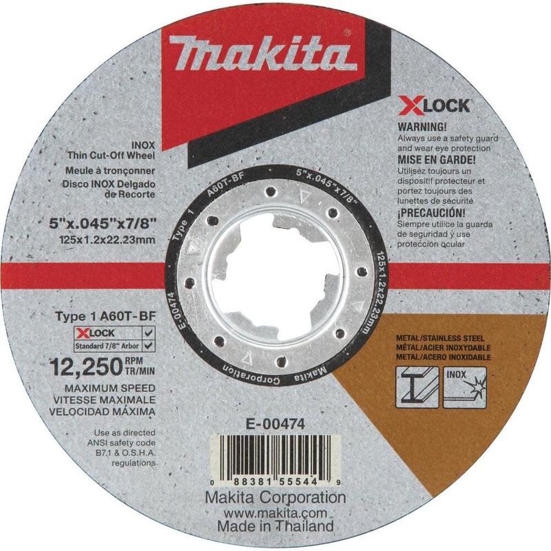 X-LOCK 5in x .045in x 7/8in Type 1 General Purpose 60 Grit Thin CutOff Wheel for Metal and Stainless Steel Cutting E-00474