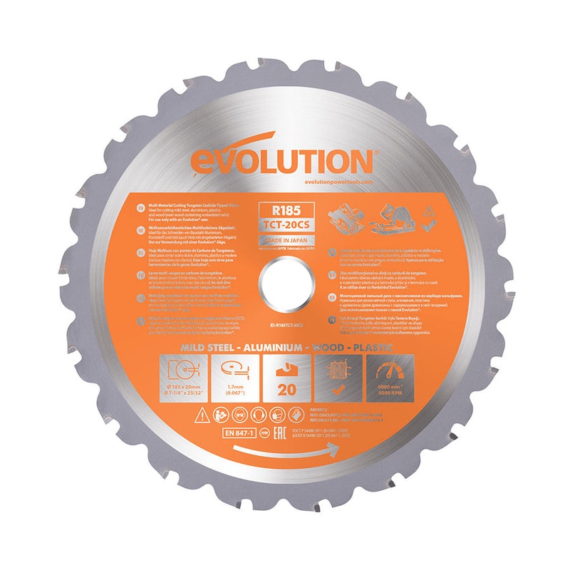 EVOLUTION 7-1/4 20T, 25/32 Arbor, Tungsten Carbide Tipped Multi-Material Cutting Blade (Circular Saw & Chop Saw Blade)