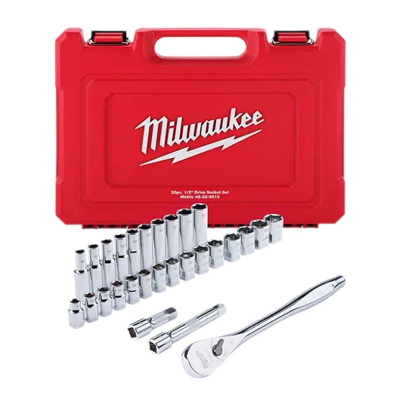 MILWAUKEE 28 PC. 1/2 Drive Ratchet & Socket Set w/ FOUR FLAT Sides – Metric