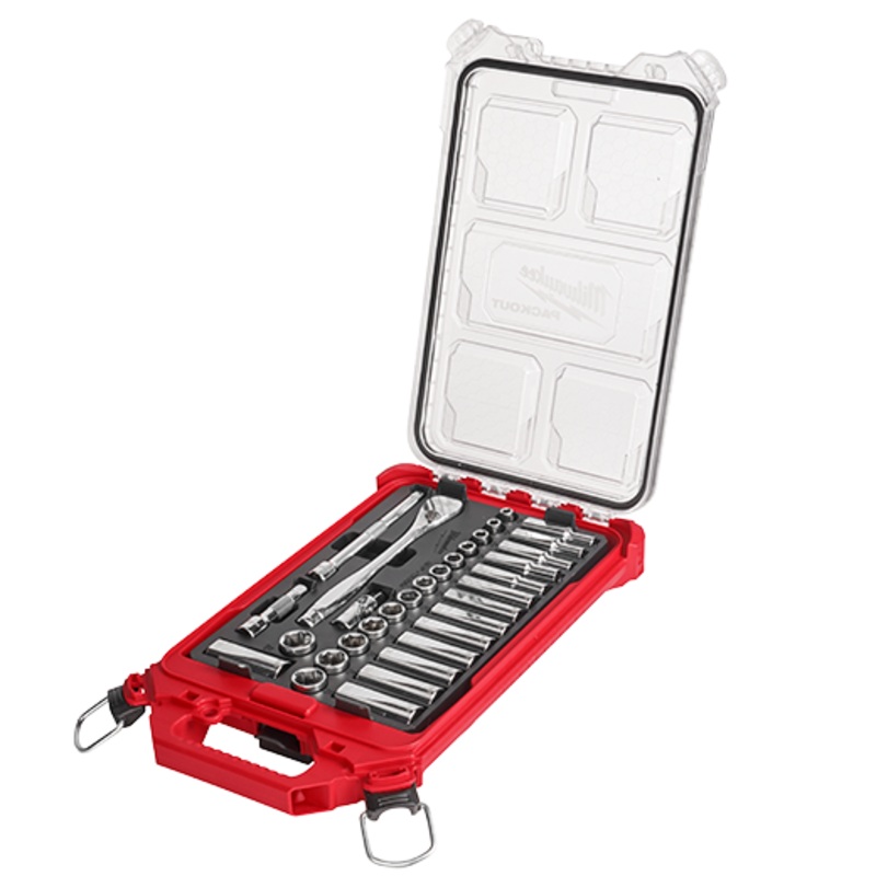 MILWAUKEE 32 PC. 3/8 Ratchet & Socket Set w/ PACKOUT Low-Profile Compact Organizer – Metric